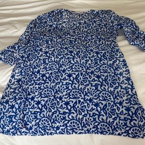 Gretchen Scott Designs Blue and White Leaf Print Top